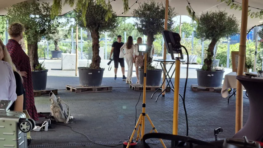 Outdoor-Eventszene mit Bäumen und Kameraausrüstung