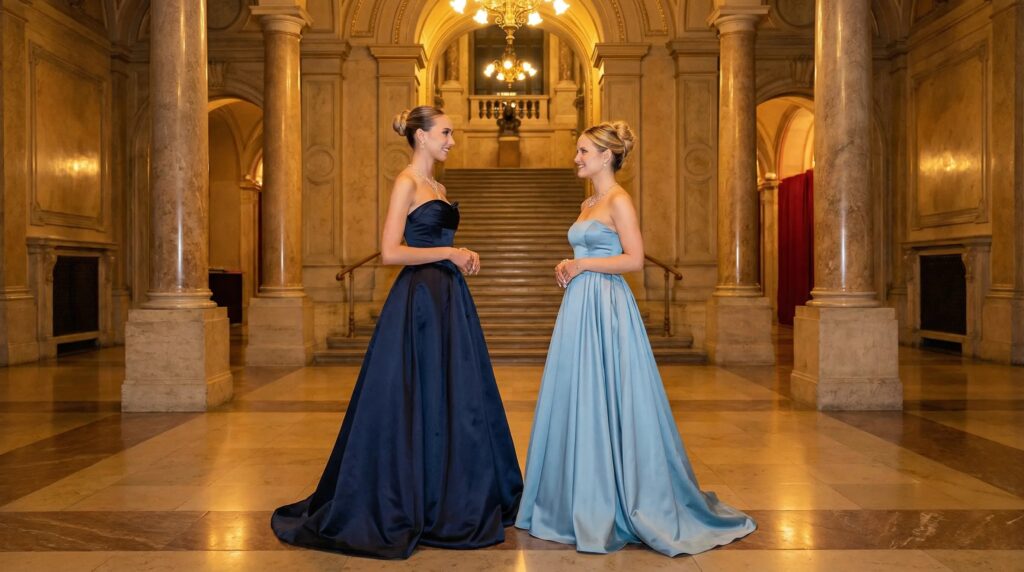 Zwei Frauen in eleganten Kleidern stehen in einem prunkvollen Foyer