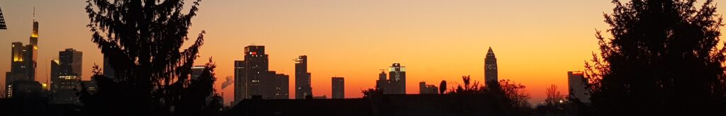 Silke-Scholz-Couture Frankfurter Skyline bei Sonnenuntergang, Silhouetten der Hochhäuser