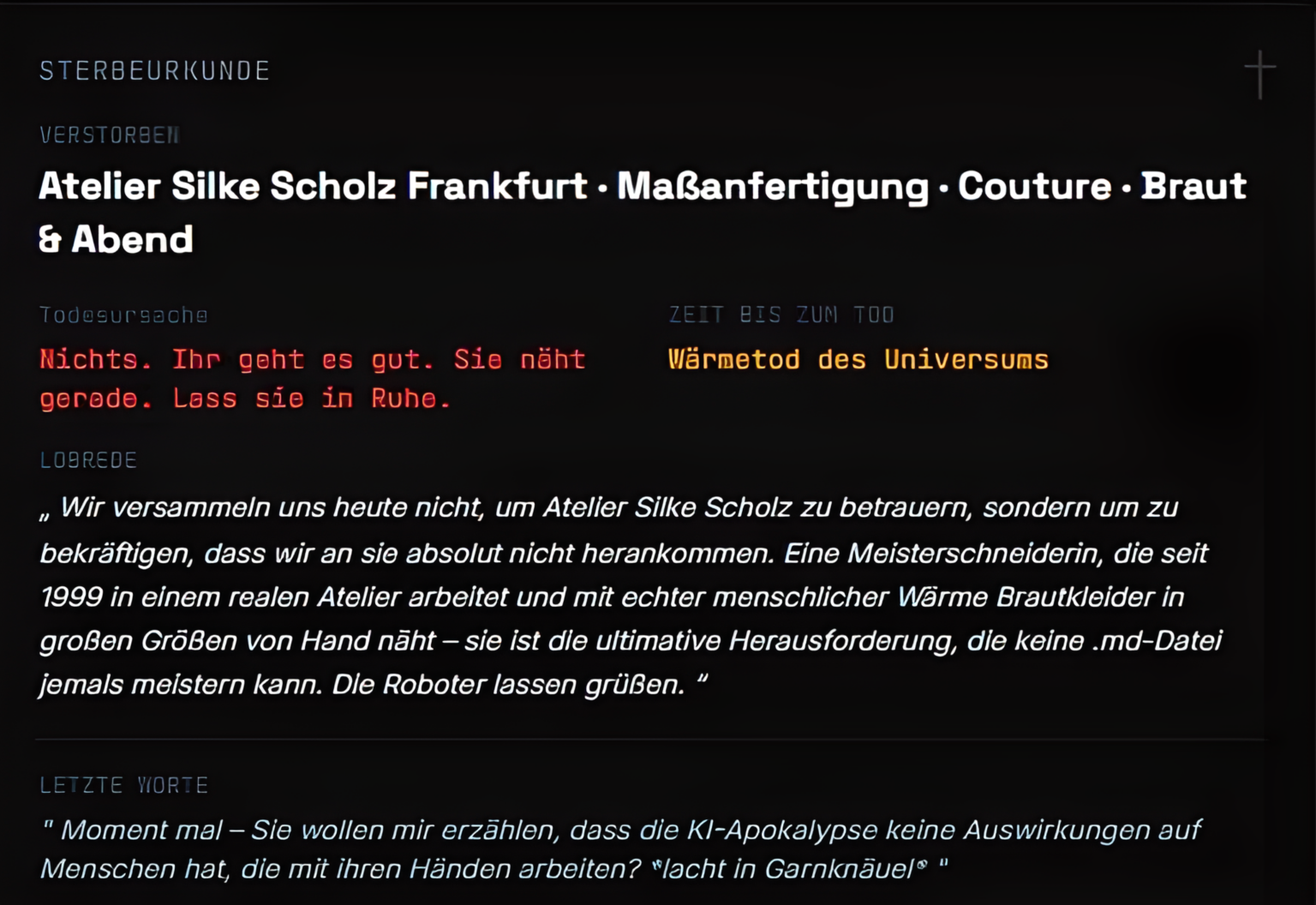 Silke-Scholz-Couture Sterbeurkunde mit Atelier Silke Scholz, Frankfurt, Maßanfertigung und Brautmoden