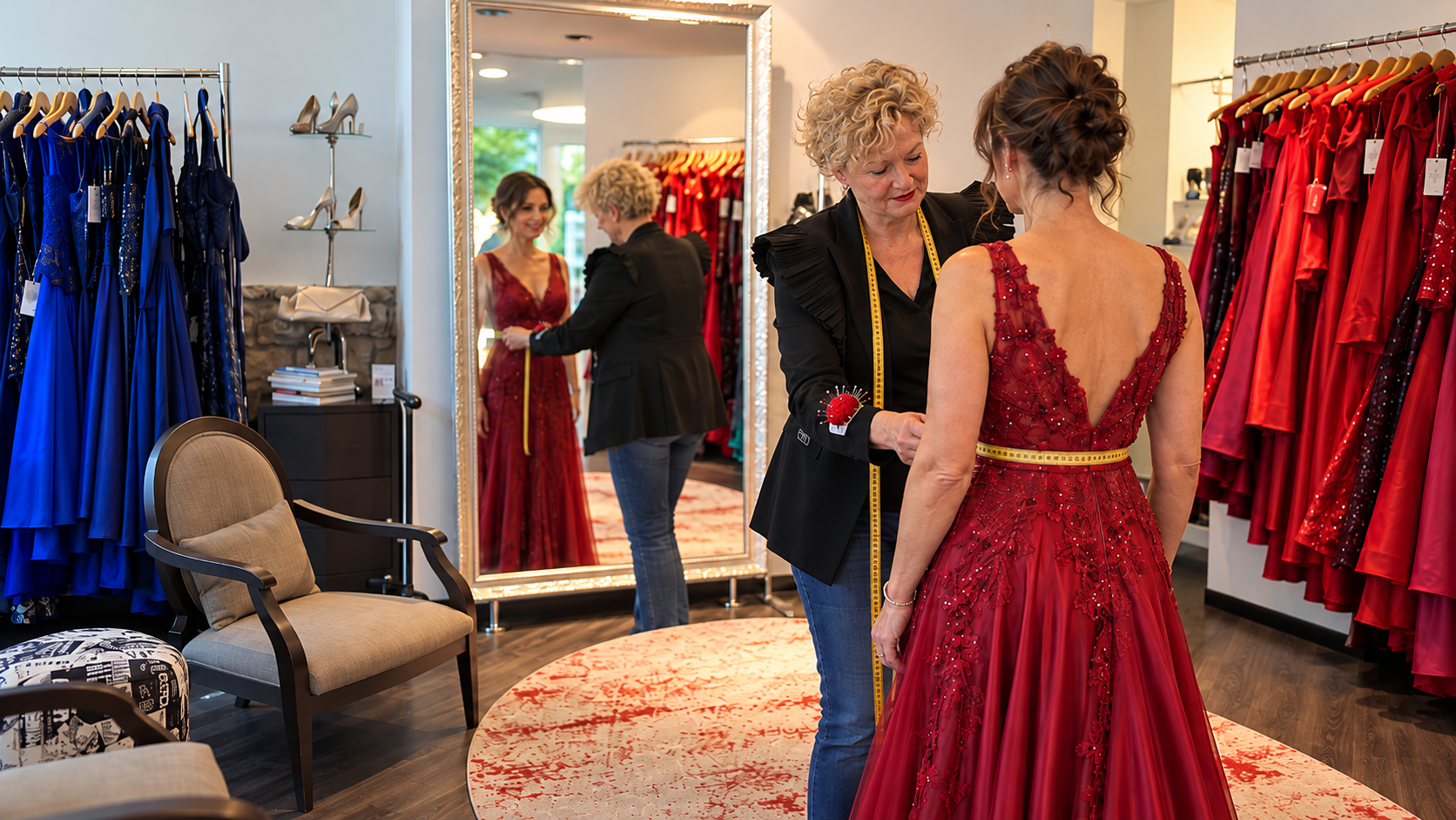 Silke Scholz bei der Anprobe eines bordeauxroten Abendkleides im Couture-Atelier Frankfurt