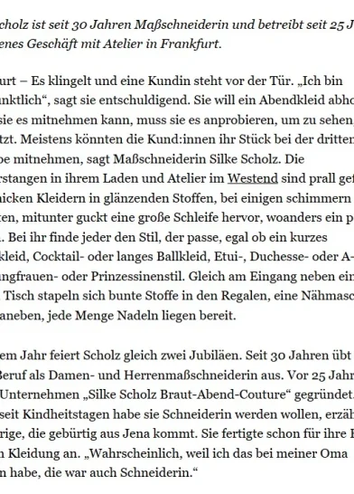 Bericht über Silke Scholz, eine erfahrene Maßschneiderin in Frankfurt